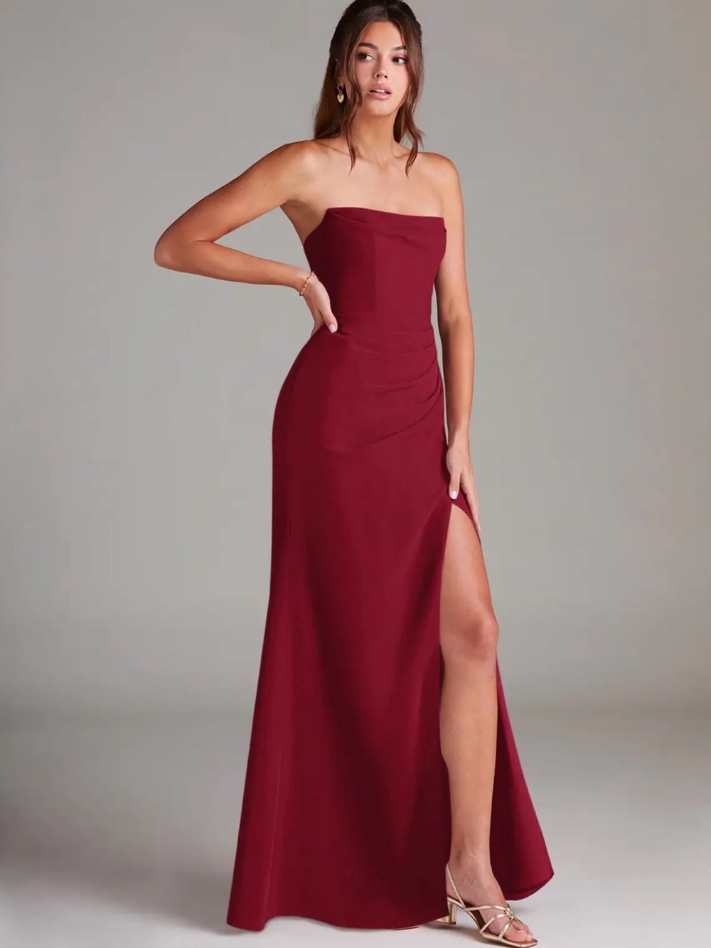 NWT Azazie Leonis burgundy Formal Gown Slit bridesmaid dress removable straps 4 - Picture 2 of 15